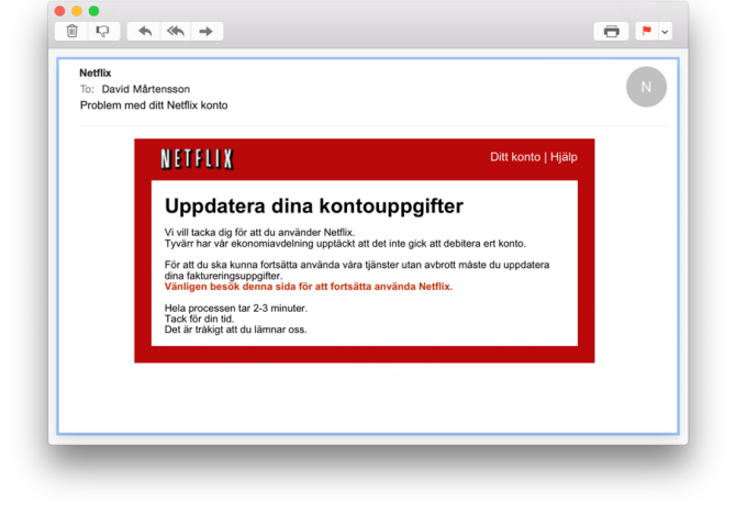 Ett epost om Netflix phising