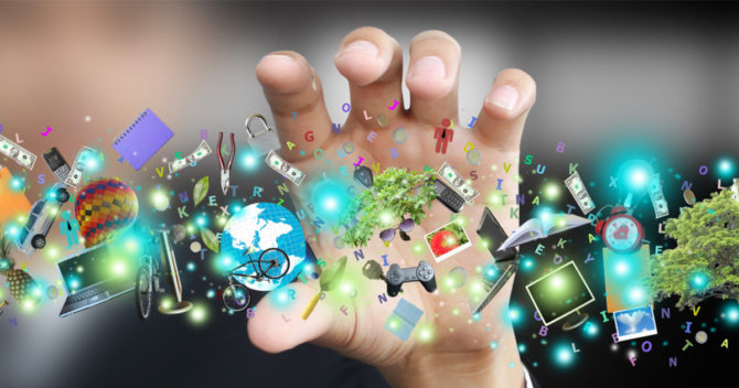 hand and gadgets floating by