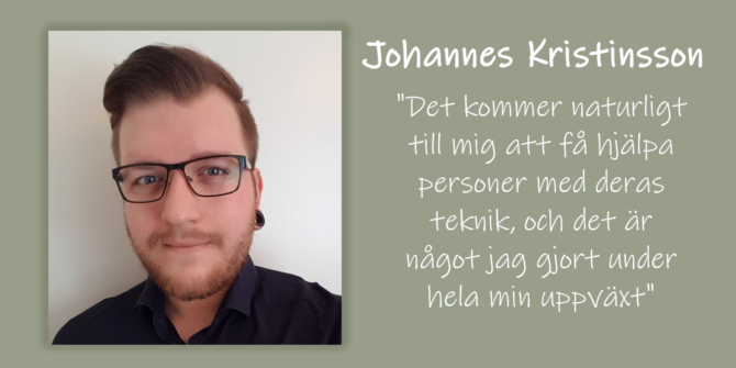 Bild på Johannes som har glasögon, svart skjorta och brunt hår