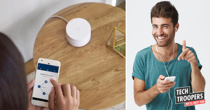 MESH router man with smartphone